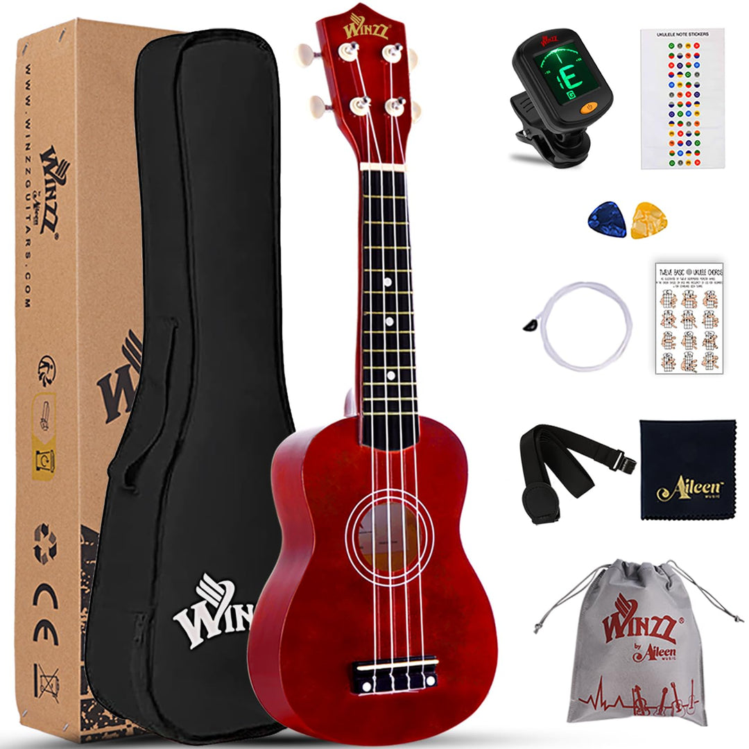 Winzz Sopran Ukulele Starter Kit für Anfänger mit Tasche, Clip-On Tuner, Zusätzlichen Saiten, Gurt,
