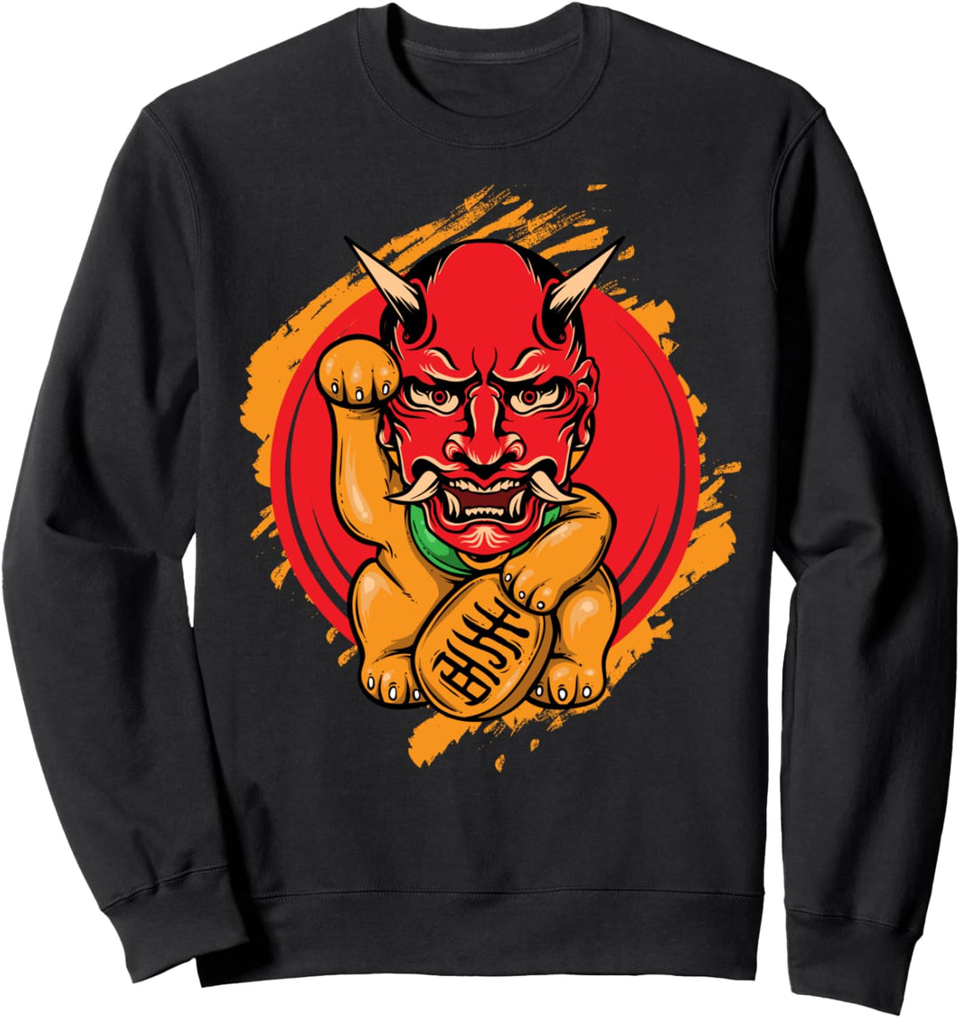 Maneki Neko Cat mit Oni Maske Japanese Aesthetic Sweatshirt