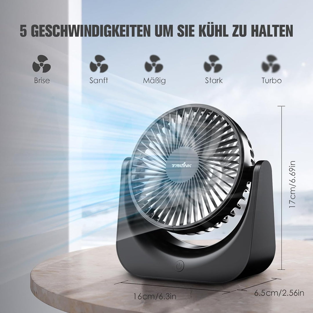 TRILINK USB Ventilator – Kleiner Tischventilator mit 5 Stufen, neigbar, leise & USB-betrieben – Trag