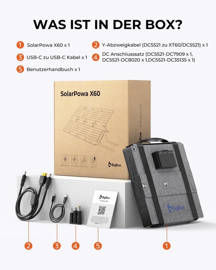 BigBlue 60W Faltbares Solarladegerät, Tragbares ETFE-Solarpanel QC3.0+PD45W+22,2V DC-Ausgang【IP68 Wa