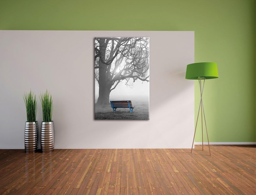 Pixxprint Einsame Bank im Nebel schwarz/weiss als Leinwandbild/Grösse: 120x80 cm/Wandbild/Kunstdruck