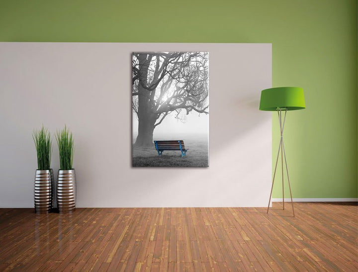 Pixxprint Einsame Bank im Nebel schwarz/weiss als Leinwandbild/Grösse: 120x80 cm/Wandbild/Kunstdruck