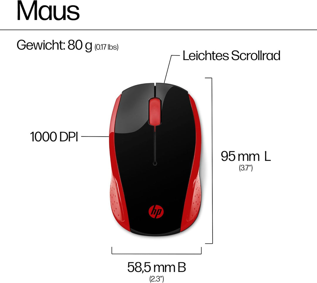 HP 200 (2HU82AA) kabellose Maus (1.000 dpi, 3 Tasten, Scrollrad, USB dongle) schwarz / rot rot Singl