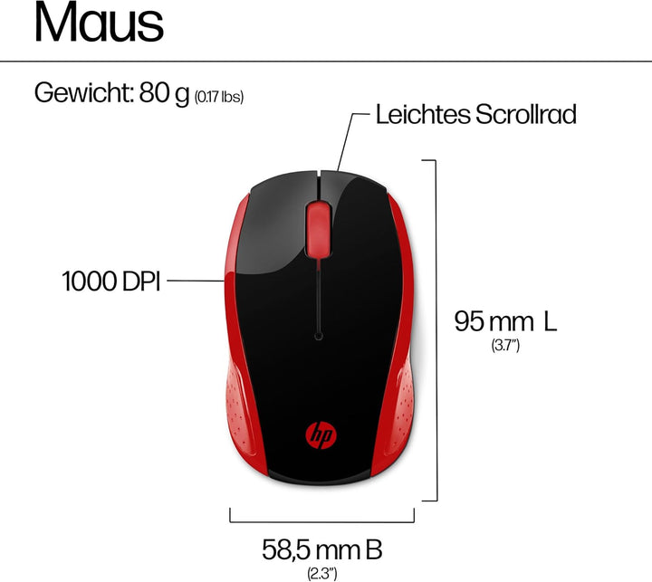 HP 200 (2HU82AA) kabellose Maus (1.000 dpi, 3 Tasten, Scrollrad, USB dongle) schwarz / rot rot Singl