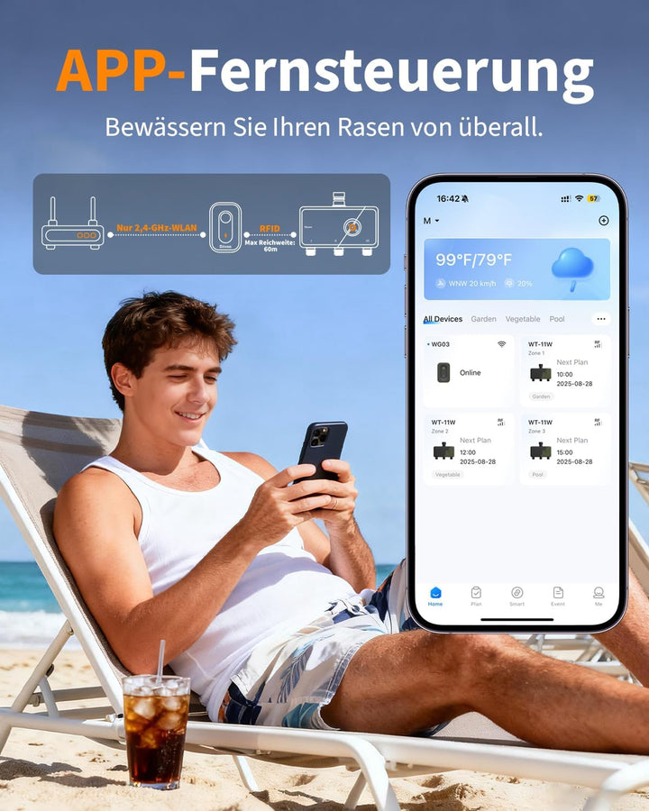 Diivoo Bewässerungscomputer WLAN 3 Ausgänge mit 60M RFID-Technologie, Smart Zeitschaltuhr Bewässerun