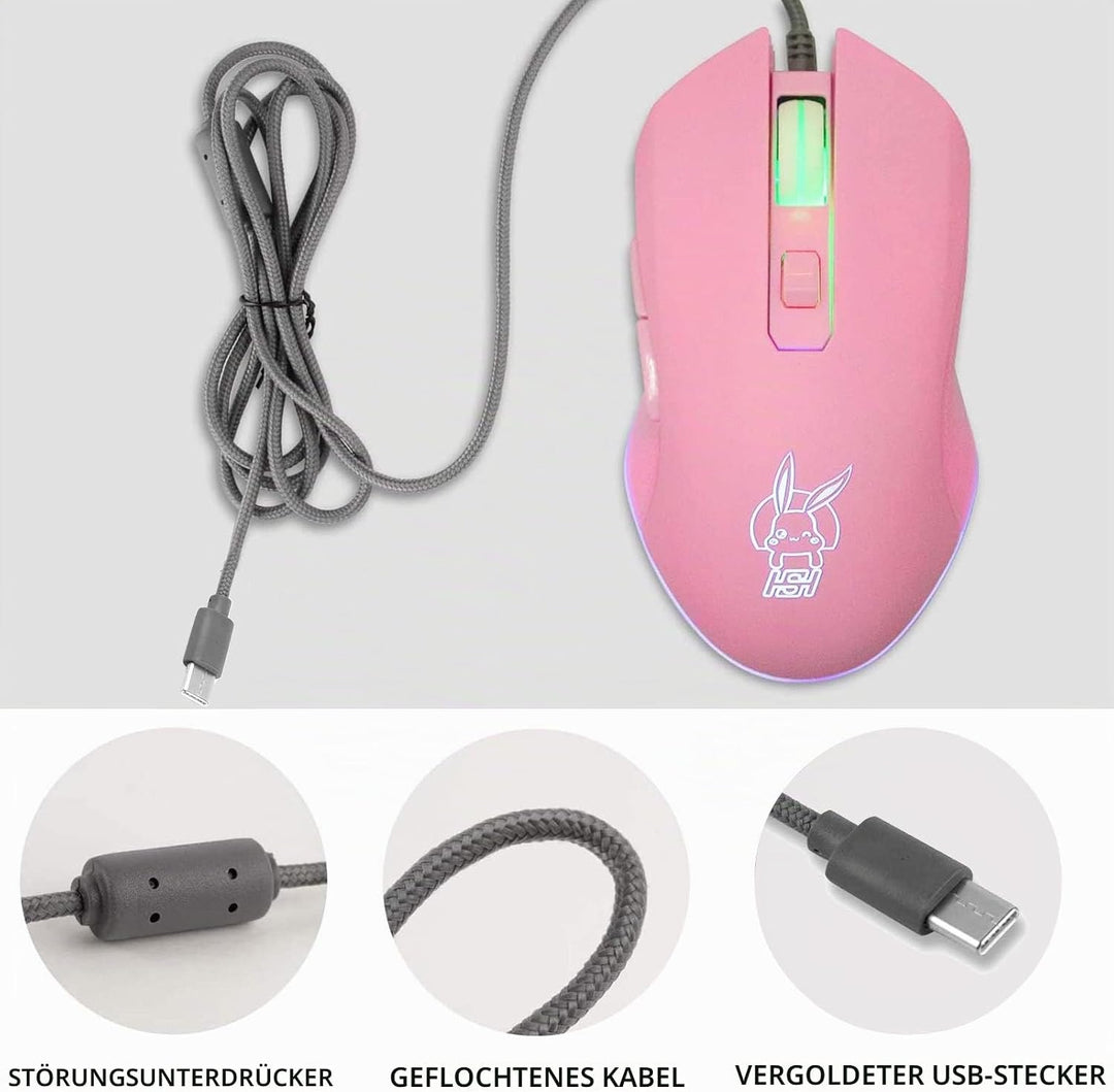 IULONEE Kabelgebundene Gaming-Maus USB C geräuscharmes Klicken 7 Farben Hintergrundbeleuchtung optis