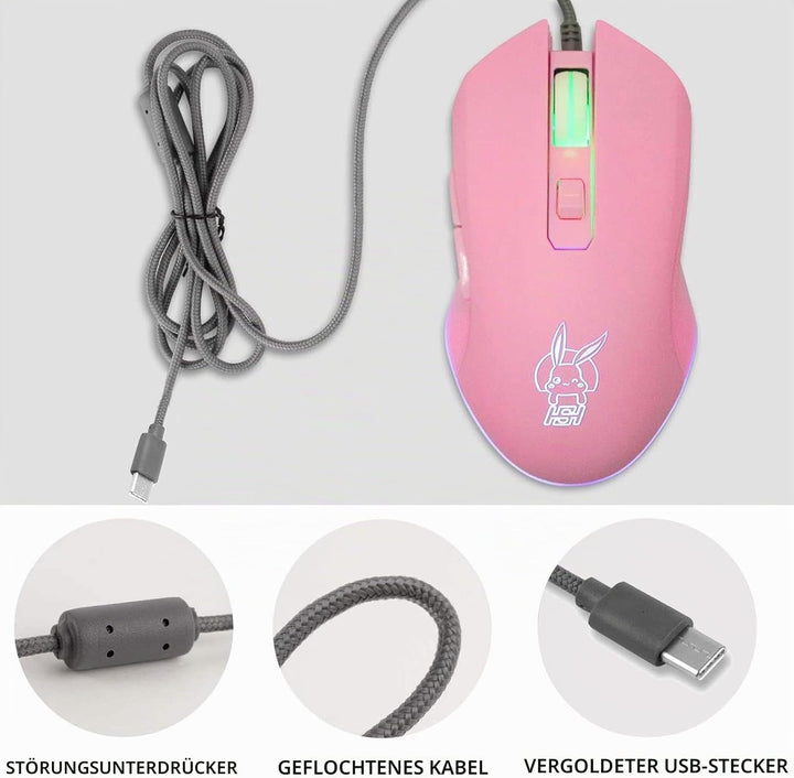IULONEE Kabelgebundene Gaming-Maus USB C geräuscharmes Klicken 7 Farben Hintergrundbeleuchtung optis