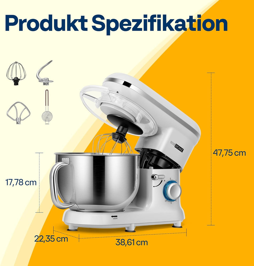 VIVOHOME Standmixer Küchenmaschine 5,7L Knetmaschine 1500W Küchenmaschinen mit 10 Geschwindigkeiten