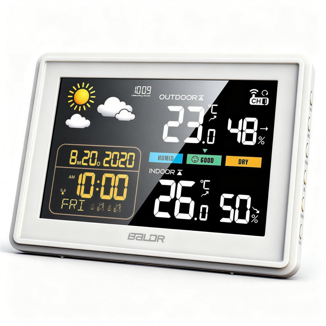 Konsen Wetterstation funk mit Aussensensor DCF Funkuhr, Farbdisplay mit grossen Zahlen von Innen und