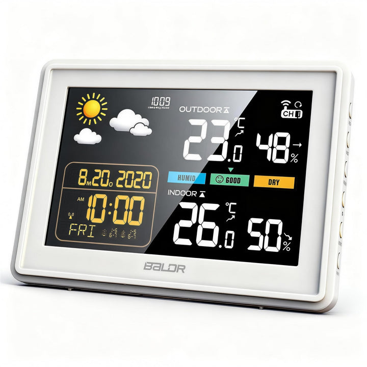 Konsen Wetterstation funk mit Aussensensor DCF Funkuhr, Farbdisplay mit grossen Zahlen von Innen und