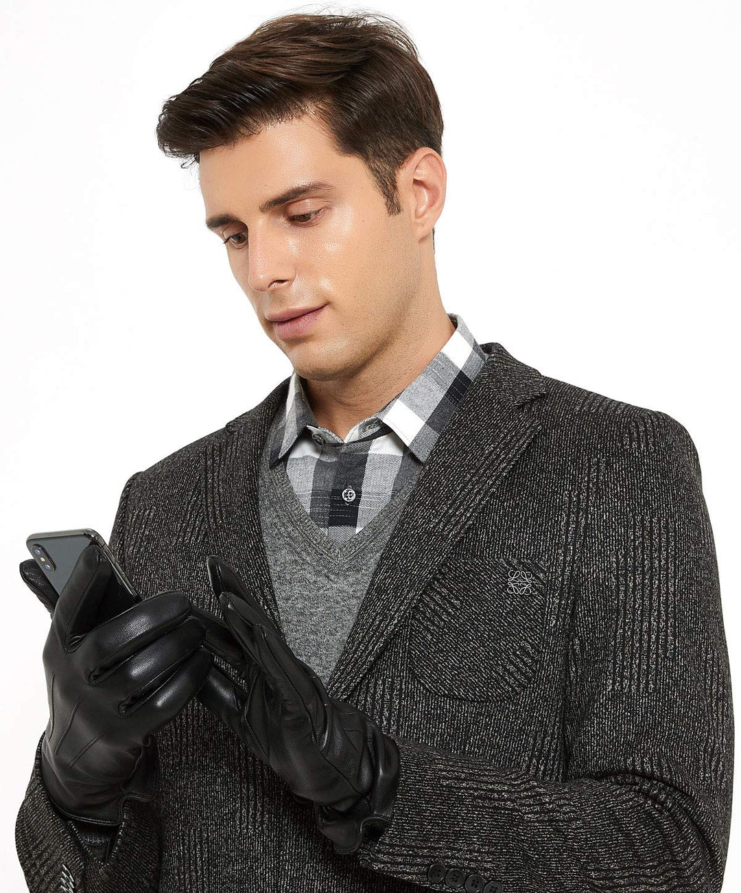 ZLUXURQ Herren Weiches Lammfell Leder Touchscreen Winter Fahrhandschuhe Kaschmir Gefüttert, bequem u