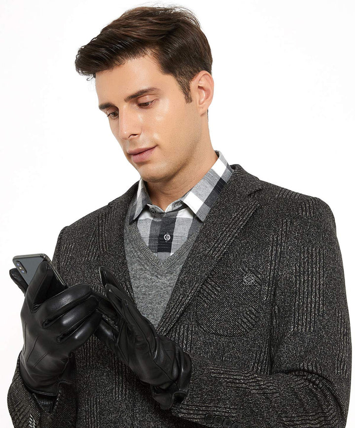 ZLUXURQ Herren Weiches Lammfell Leder Touchscreen Winter Fahrhandschuhe Kaschmir Gefüttert, bequem u