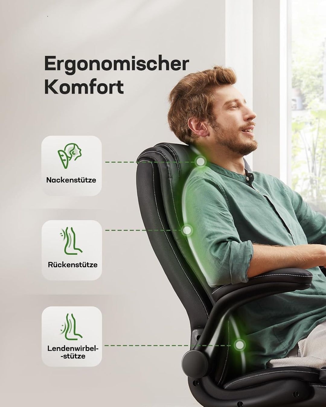 Marsail Chefsessel Bürostuhl mit Hochklappbaren Armlehnen, PU Leder Ergonomischer Schreibtischstuhl