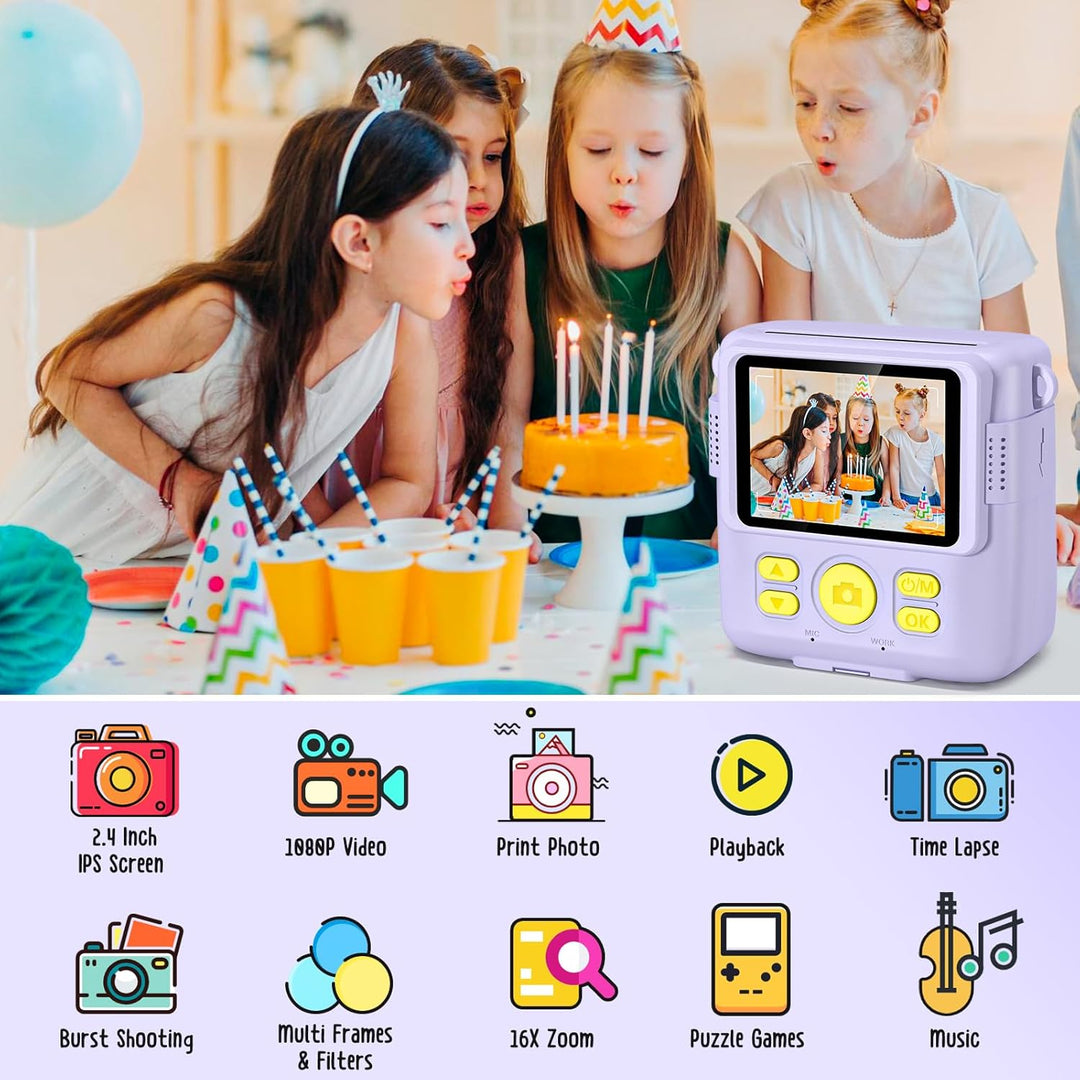 Gofunly Kinderkamera Sofortbildkamera, Sofortbildkamera Kinder 2,4 Zoll Bildschirm 1080P Videokamera