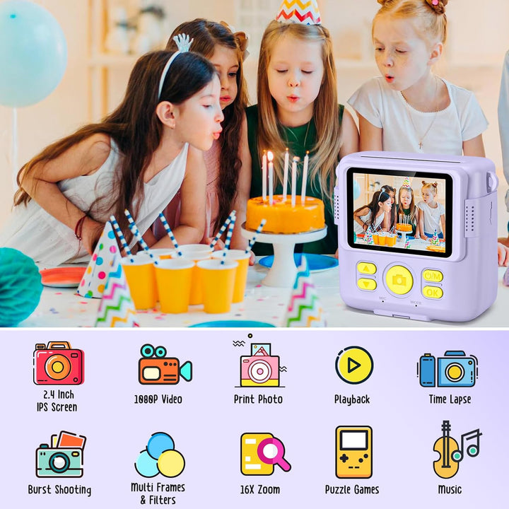 Gofunly Kinderkamera Sofortbildkamera, Sofortbildkamera Kinder 2,4 Zoll Bildschirm 1080P Videokamera