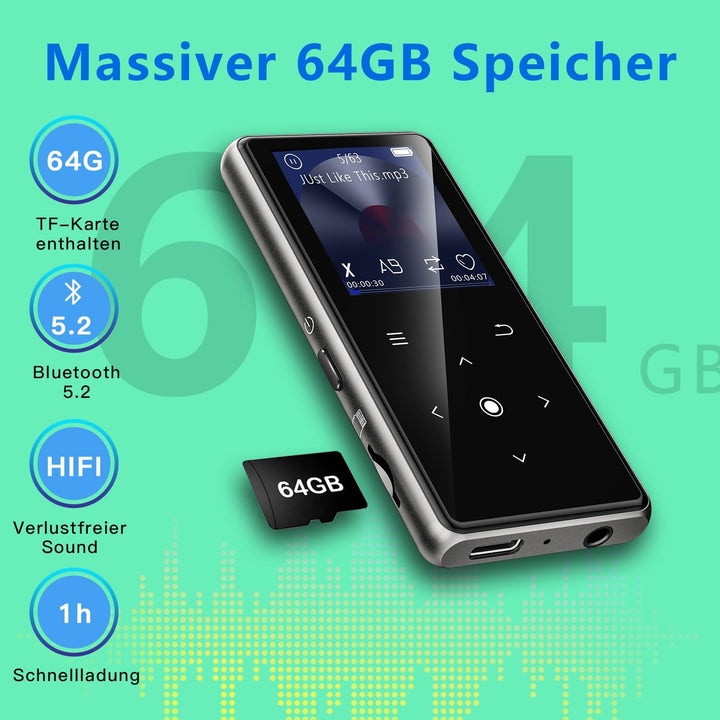64GB MP3 Player with Bluetooth 5.2, AiMoonsa Music Player with Built-in HD Speaker, FM Radio, Voice
