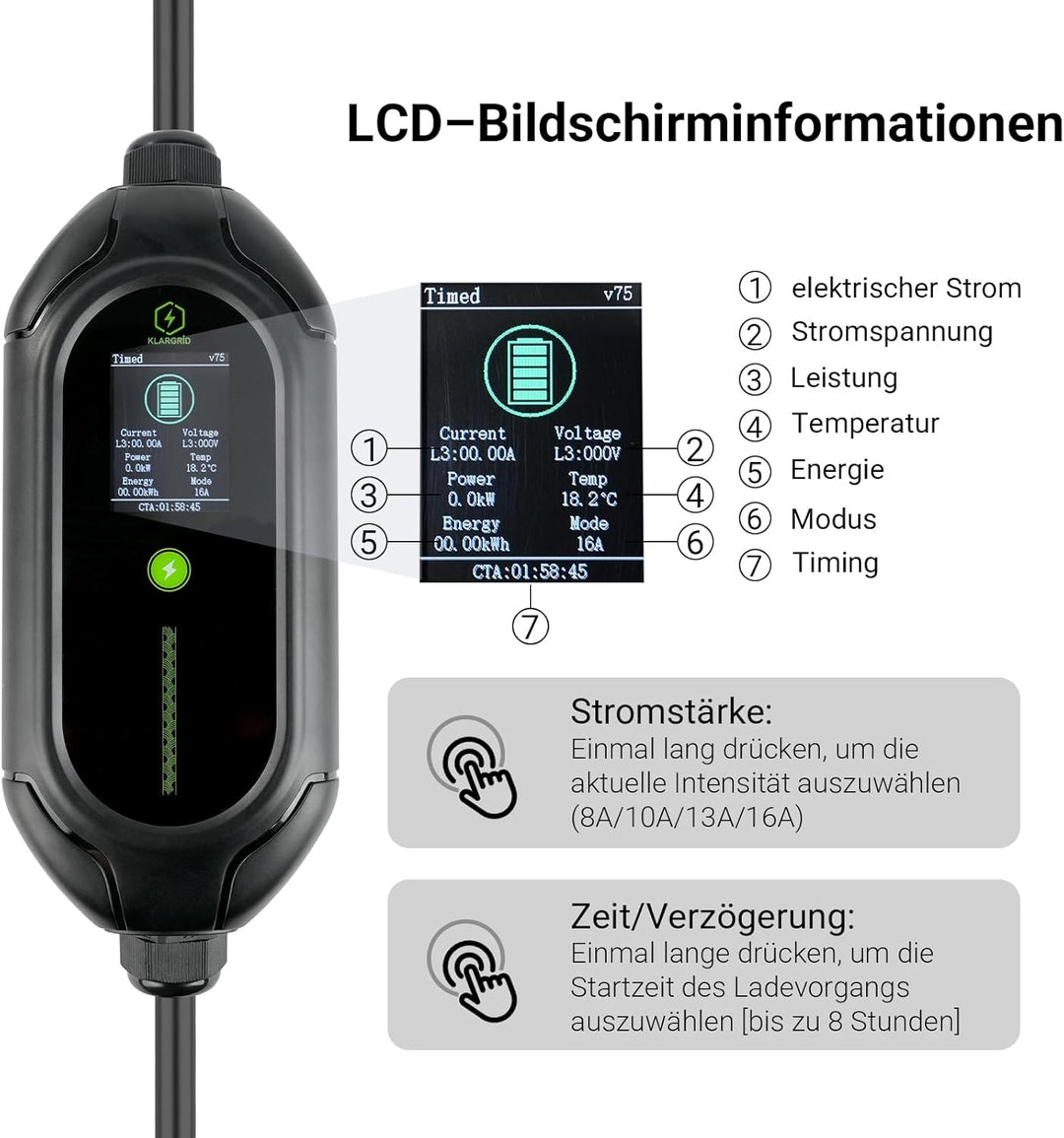 11kW Mobile EV Ladestation 5 m 3-phasig Typ 2 Ladekabel 6-16A verstellbar, CEE16A Wasserdicht Auto L