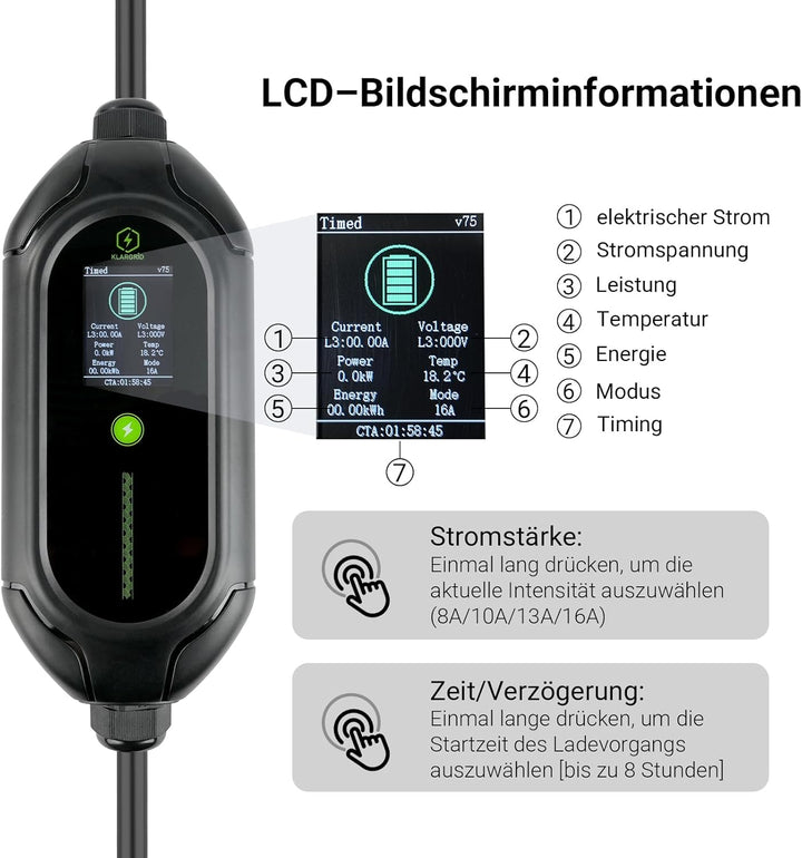 11kW Mobile EV Ladestation 5 m 3-phasig Typ 2 Ladekabel 6-16A verstellbar, CEE16A Wasserdicht Auto L