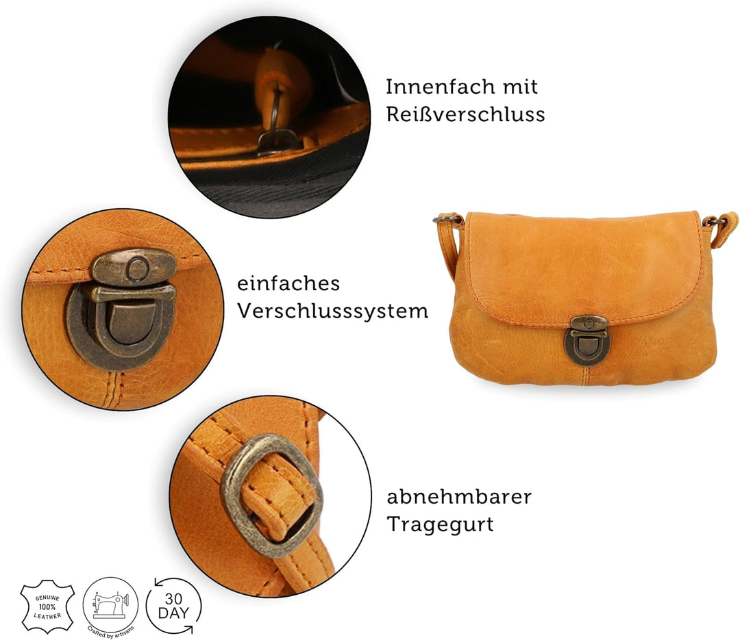 Gusti Umhängetasche Leder - Rona Damen Handtasche Ledertasche Vintage Leder Cognac, Cognac