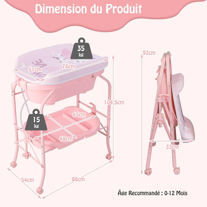 DREAMADE 2 in 1 Wickeltisch & Badewanne mit Gestell, Wickeltisch Klappbar, Wickelkommode auf Rollen