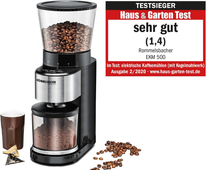 ROMMELSBACHER Kaffeemühle EKM 500 - Kegelmahlwerk, Präzisions-Waage, Halterung für Siebträger, Mahlg