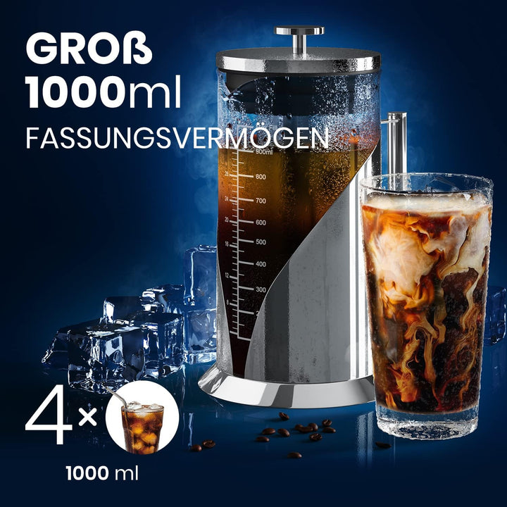 Cafe du Chateau Cold Brew Kaffeebereiter – 1 Liter – Filter aus Edelstahl 304 – Borosilikatglaskörpe