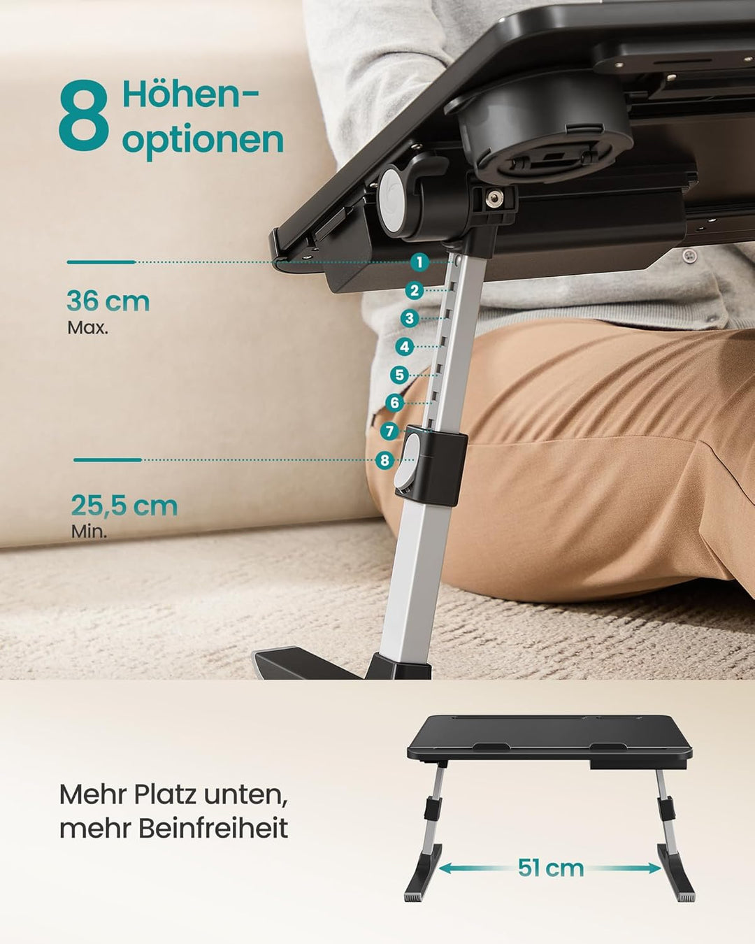 SONGMICS Laptoptisch, Betttisch, Laptopständer, 56 x 40 cm grosse Tischplatte, 120° stufenlos verste