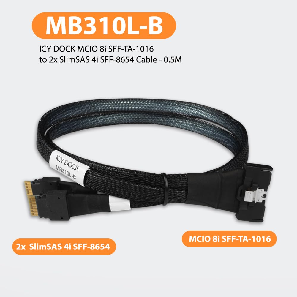 ICY DOCK MB310L-B Datenkabel - 1x MCIO SFF-TA-1016 8i zu 2x SlimSAS SFF-8654 4i Länge 50cm PCIe 4.0