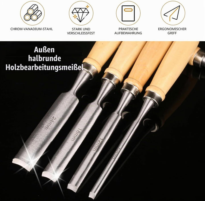 4 Stück Holz Meissel Set,Stechbeitel Rund Gebogen Hohlbeitel Set,CR-V Stahl halbkreisförmige Kante 8