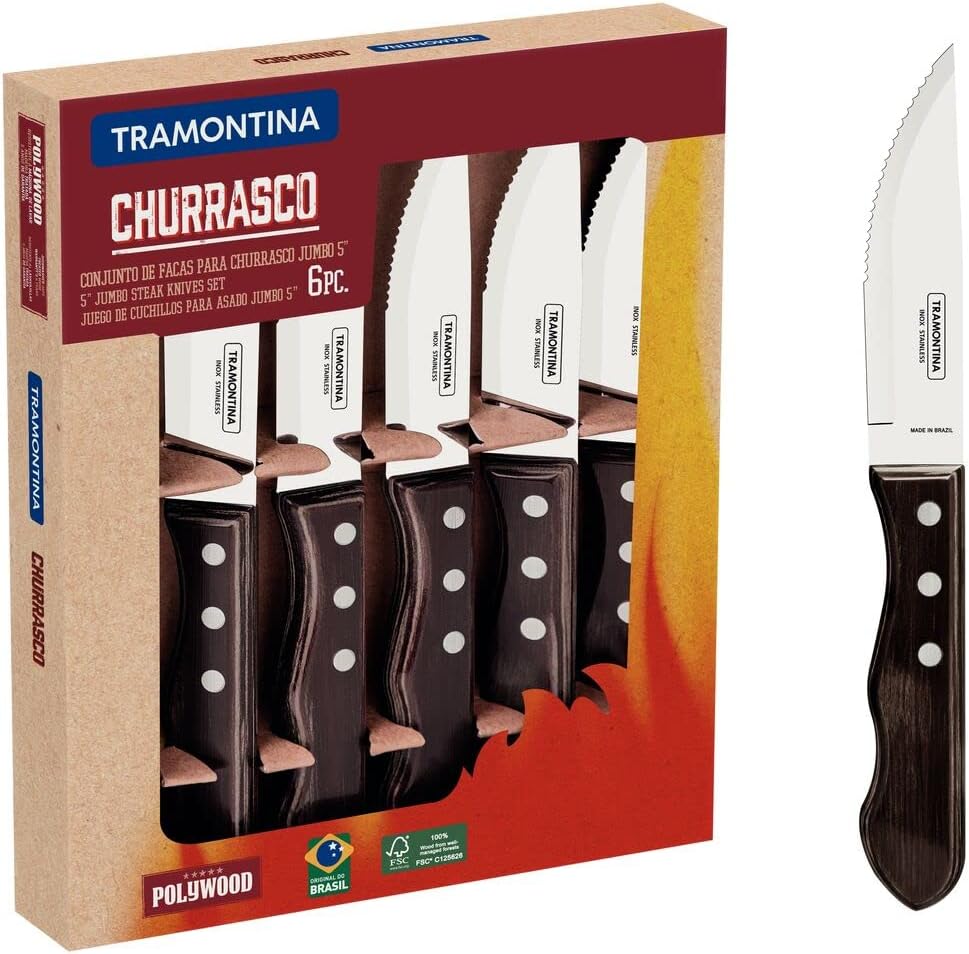 Tramontina JUMBO Steakmesser-Set, rostfreiem Edelstahl, spülmaschinenfest, Griffe aus Echtholz, FSC,