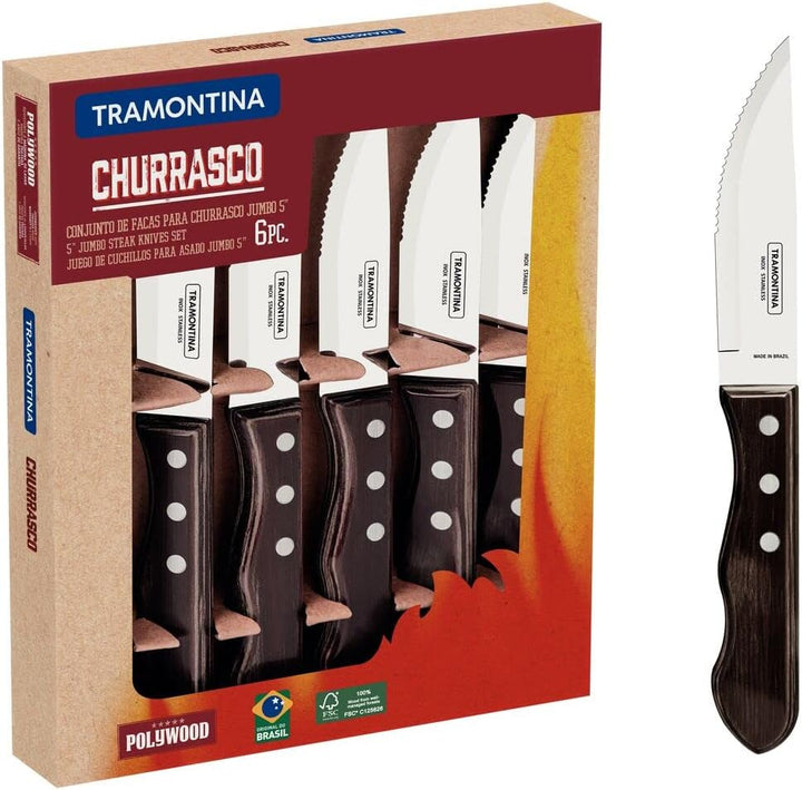 Tramontina JUMBO Steakmesser-Set, rostfreiem Edelstahl, spülmaschinenfest, Griffe aus Echtholz, FSC,