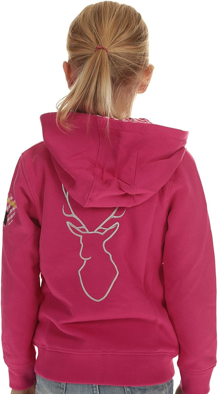 Isar-Trachten Kinder Jacke Trachtenjacke Mädchen pink, Kapuzenjacke Kinder Sweatjacke mit Hirschstic