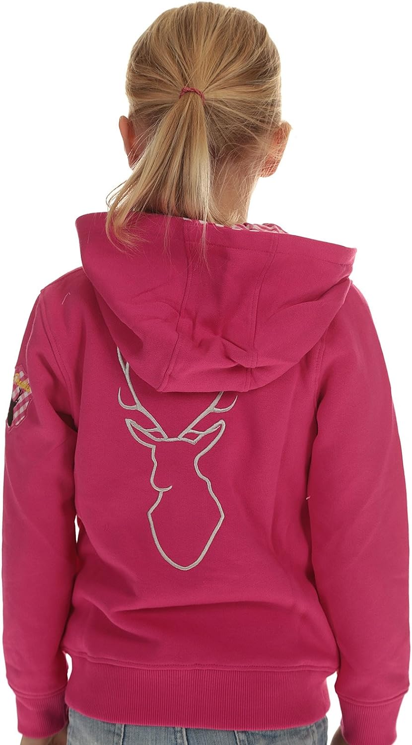 Isar-Trachten Kinder Jacke Trachtenjacke Mädchen pink, Kapuzenjacke Kinder Sweatjacke mit Hirschstic