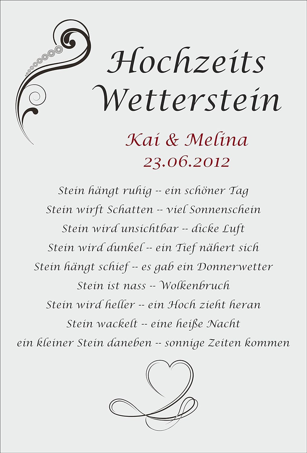 Melis Folienwerkstatt Schild - Hochzeits Wetter-Stein - 60x40cm | Bohrlöcher | 3mm Aluverbund – S003