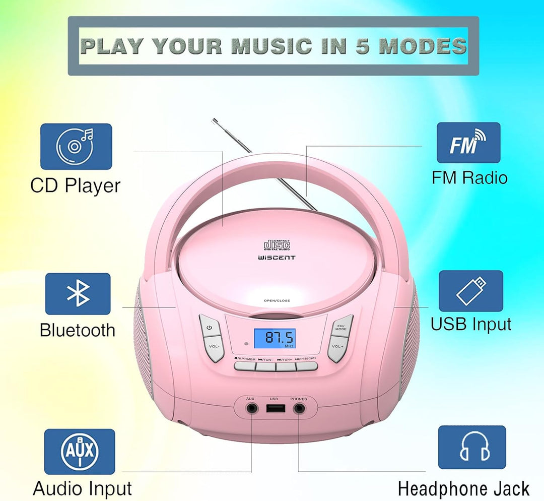 Tragbarer CD-Player für Kinder - Radio-CD-Boombox mit Bluetooth, FM-Radio, USB-Eingang & AUX-Anschlu