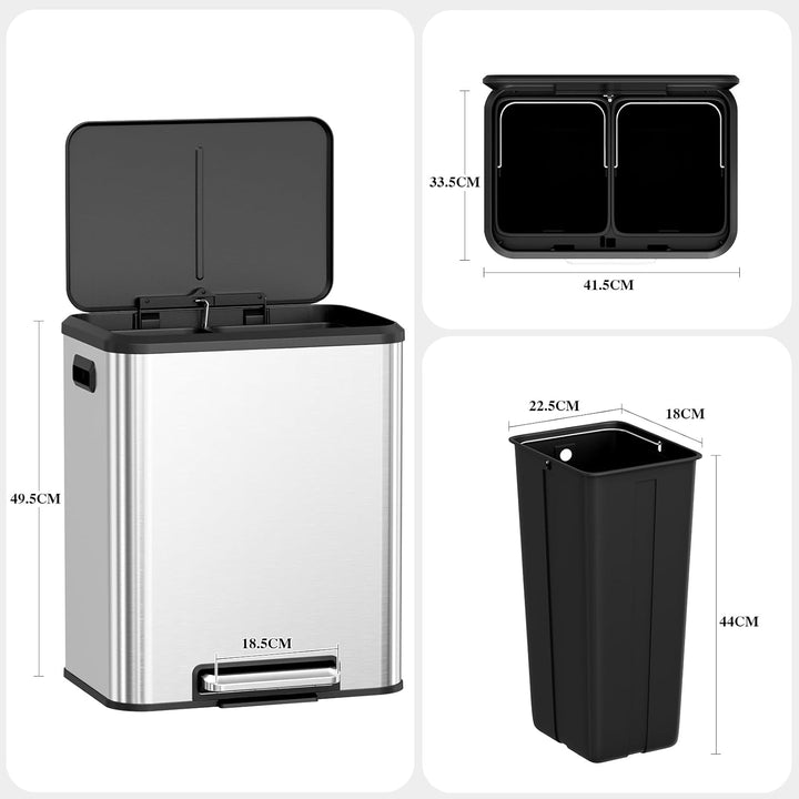LIFERUN Mülleimer 2 Fächer, Mülltrennsystem 2 x 15 L,Abfalleimer Küche aus Metall, Softclose Deckel,