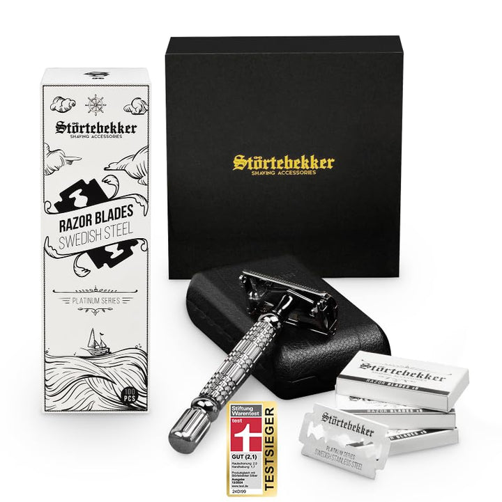 Störtebekker® Einstiegsset - mit Rasierhobel inkl. Etui (Schwarz) und 10 Klingen + 100 Extra Störteb