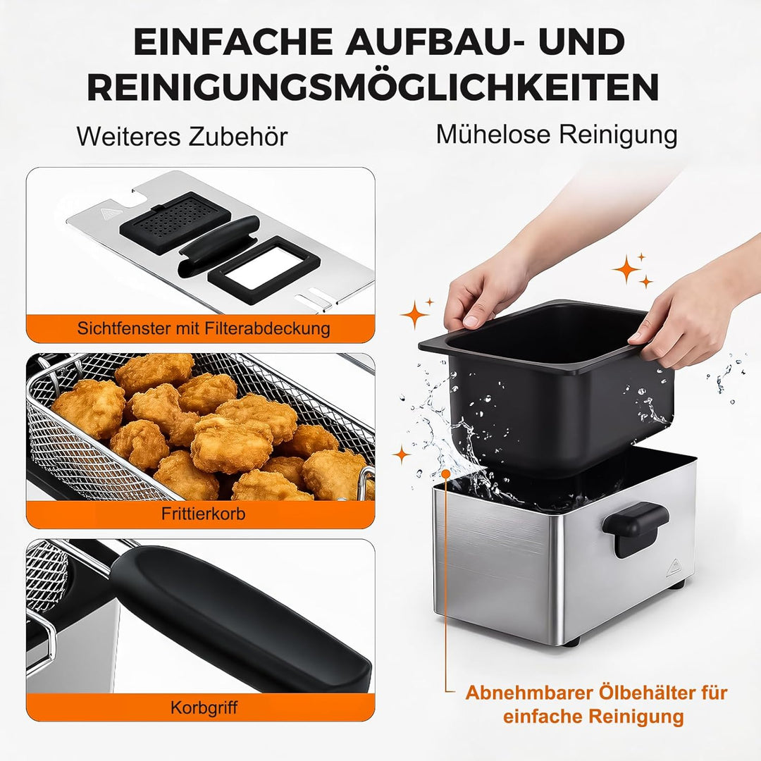 Fritteuse, 3L Elektrische Fritteuse mit Sichtfenster, 2000 W Edelstahl Fritteuse mit Temperaturregel