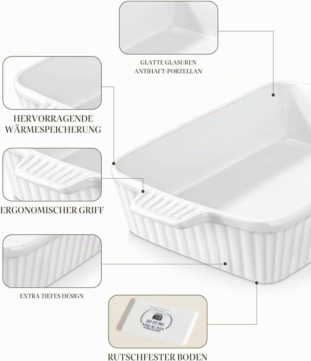 MALACASA Auflaufform Gross, 40 cm Rechteckig Ofenform mit Griffen für 4-6 Personen(4 L), Tiefe Bakin
