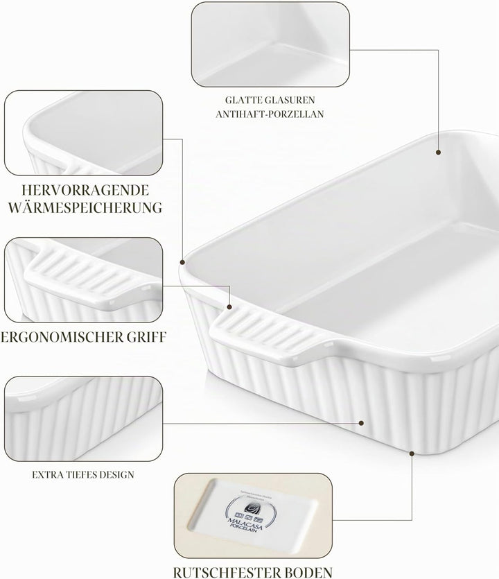 MALACASA Auflaufform Gross, 40 cm Rechteckig Ofenform mit Griffen für 4-6 Personen(4 L), Tiefe Bakin