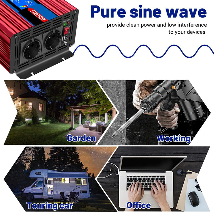 ETREPOW 1500W Wechselrichter 24v 230v Reiner Sinus Spannungswandler mit 2 EU-Steckdose und Einer 2,1
