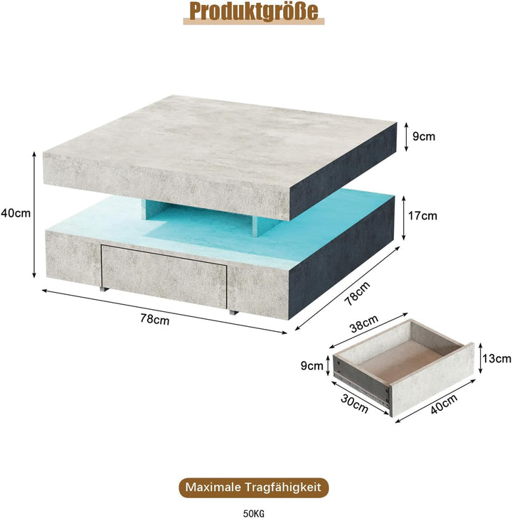 Couchtisch LED, Wohnzimmertisch mit 2 Schubladen für Wohnzimmer 78 x 78 x 40cm (Grau), Grau