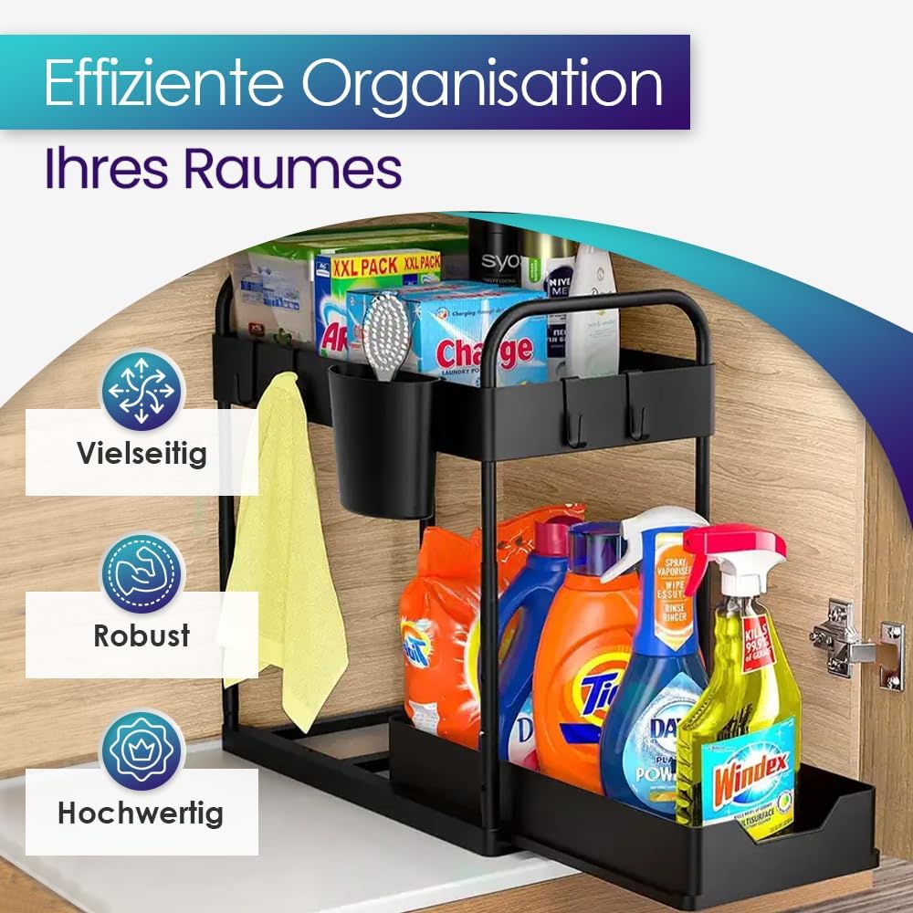 Unter-Spüle Organizer – Küchen Organizer für Spülenschrank & Bad – 2 Etagen Regal platzsparend mit 4