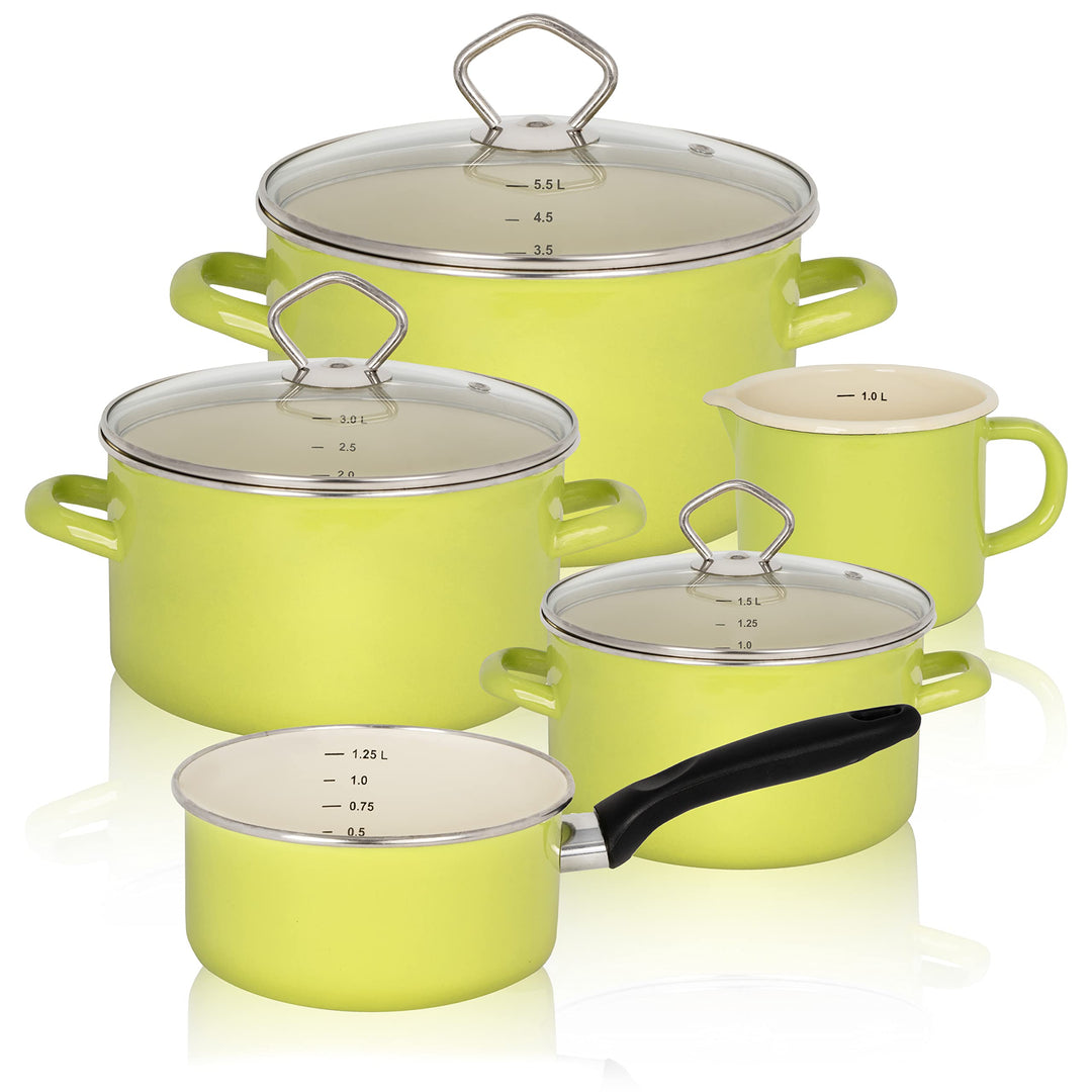 KRÜGER Emaille-Set Juist 5 teilig - Emaille-Topfset aus Fleischtopf, Stieltopf und Milchtopf - Töpfe