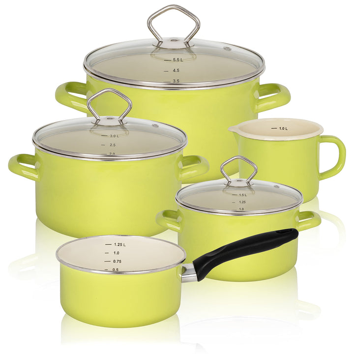 KRÜGER Emaille-Set Juist 5 teilig - Emaille-Topfset aus Fleischtopf, Stieltopf und Milchtopf - Töpfe