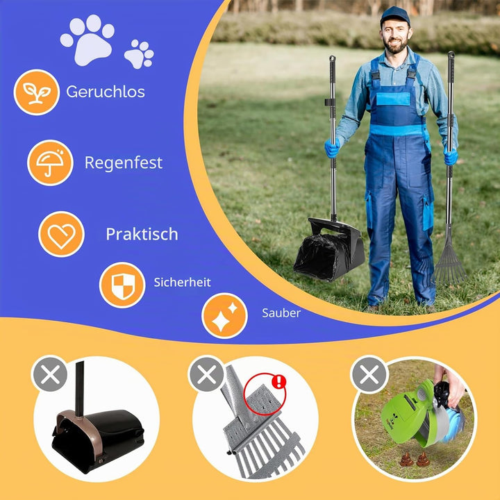 Hundekot Schaufel Set mit Drehbarem Eimer, Rechen und 20 Beuteln – Langer Griff, Kotaufheber für Gar
