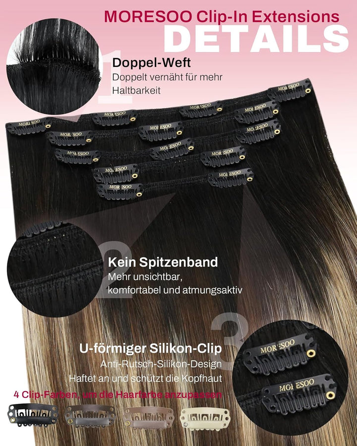 Moresoo Clip Extensions Echthaar Schwarz zu Braun Haarverlängerung Echthaar Clip in Extensions Schwa