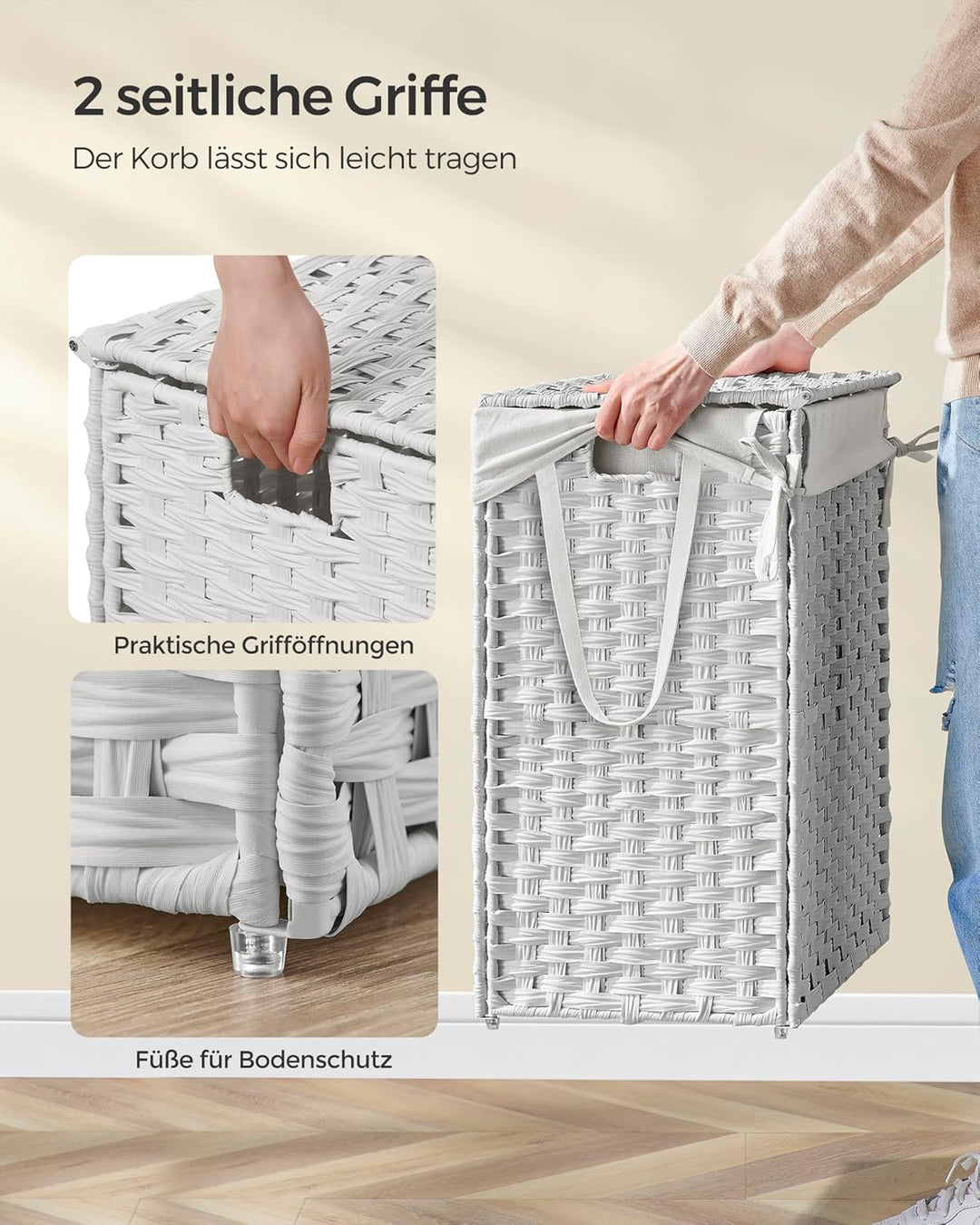 SONGMICS 90L Wäschekorb handgeflochten, mit Deckel und Griffen, Wäschesammler aus synthetischem Ratt