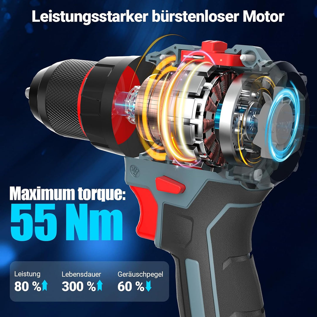 Bürstenlos Akkuschrauber 21V, Akku Bohrschrauber mit 2 Akkus 2.0Ah, 55 Nm, 20+1 Drehmomentstufen, 2