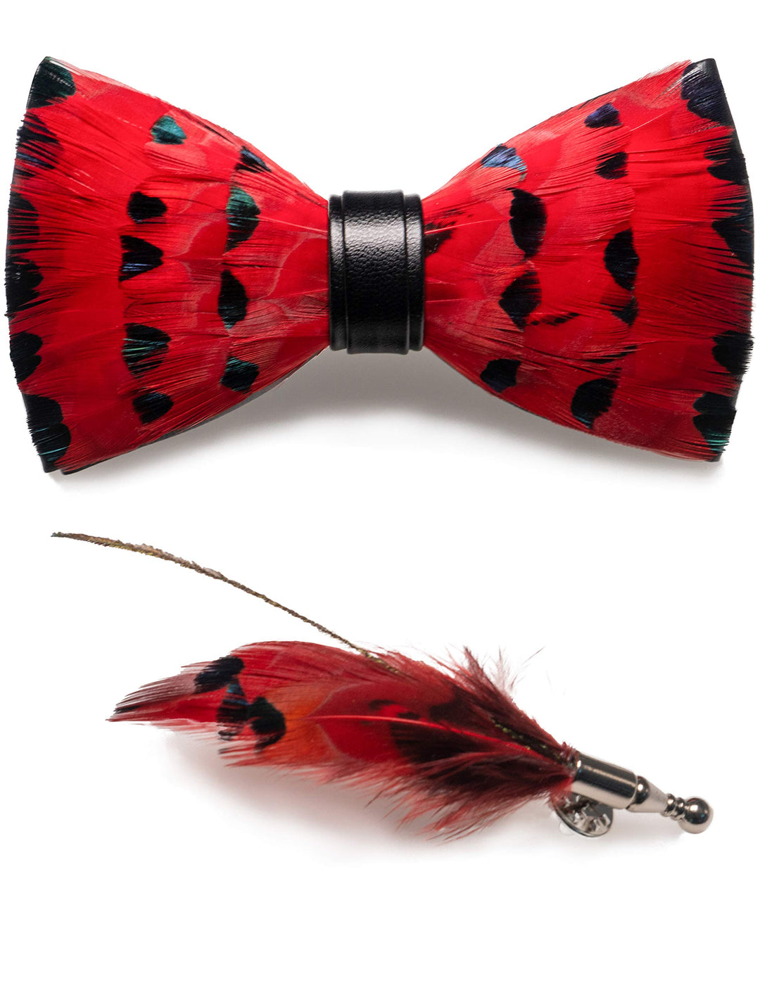 JEMYGINS Handgemacht Hochzeit Party Leder Feder Fliege mit Geschenkbox Set für Herren Rote / schwarz